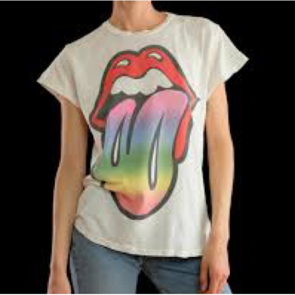 Madeworn Women’s The Rolling Stones Distressed Rainbow Tongue T Shirt, size XS